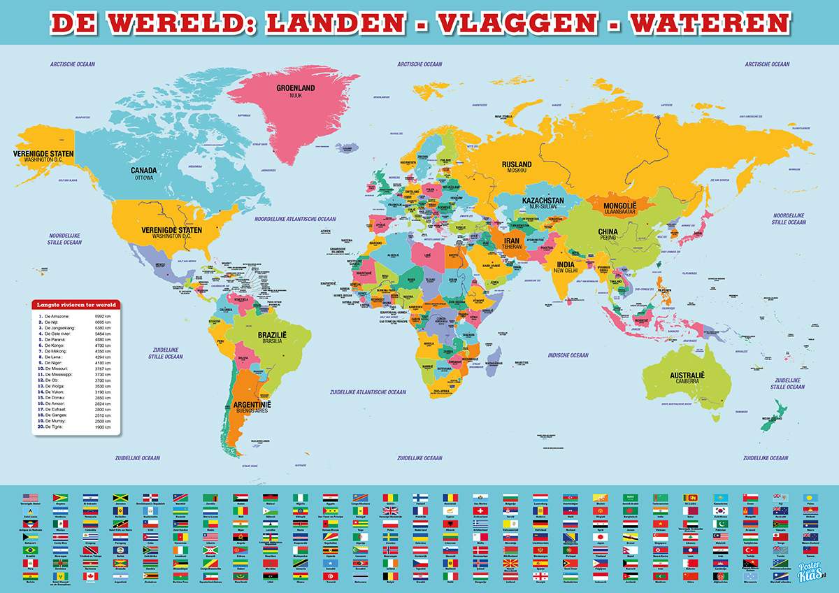 De wereld: Landen - Vlaggen - Wateren - Poster in Klas